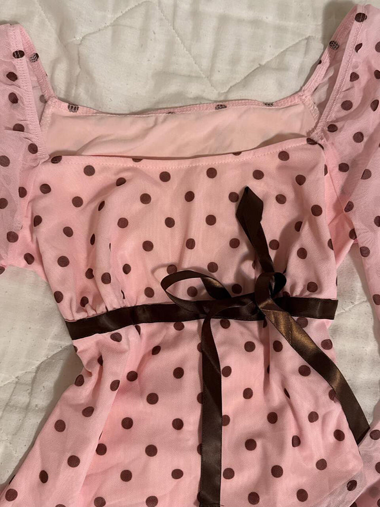 polka dots coquette bow long-sleeved shirt