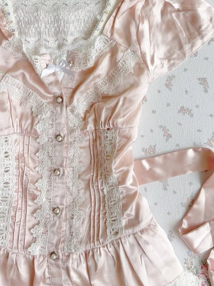 French Vintage Lace Panel V-Neck Puff Sleeve Cinched Waist Blouse