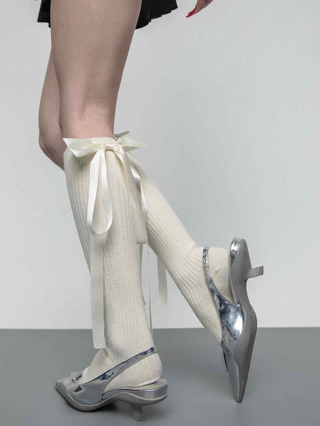 Dark Coquette Satin Ribbon Bow Calf Socks