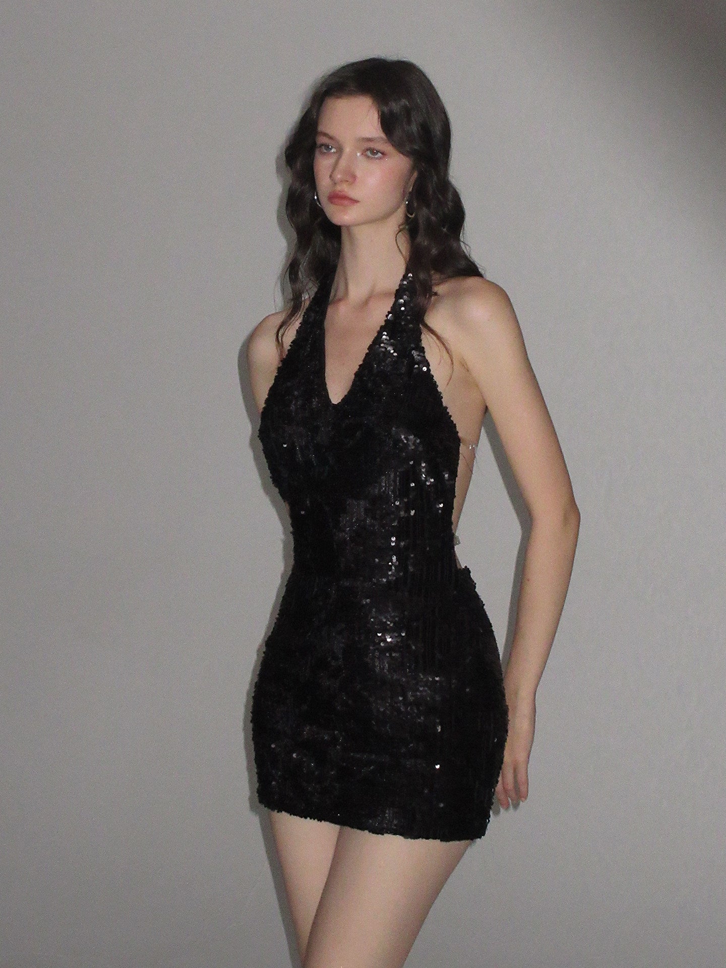 Velvet Sequined V-Neck Open Back Dress