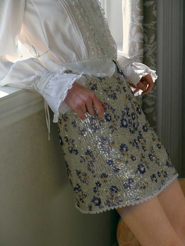 Tweed-style Heavy Embellished Floral Sequined Skirt