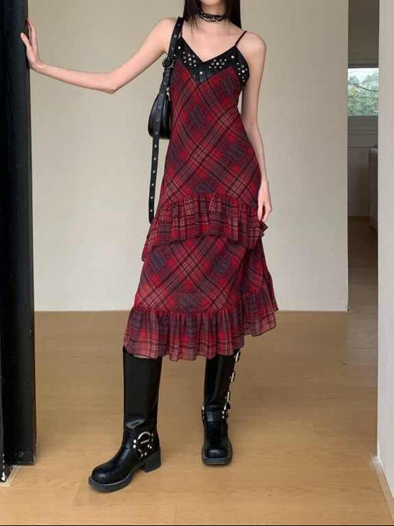 Goth Suspender Plaid Maxi Dark Coquette Dress