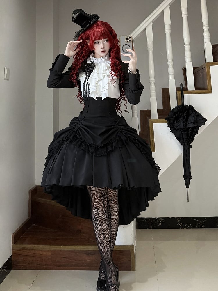 [Pre-order] Dark Gothic Black Short Jacket + White Shirt + Rose Ribbon