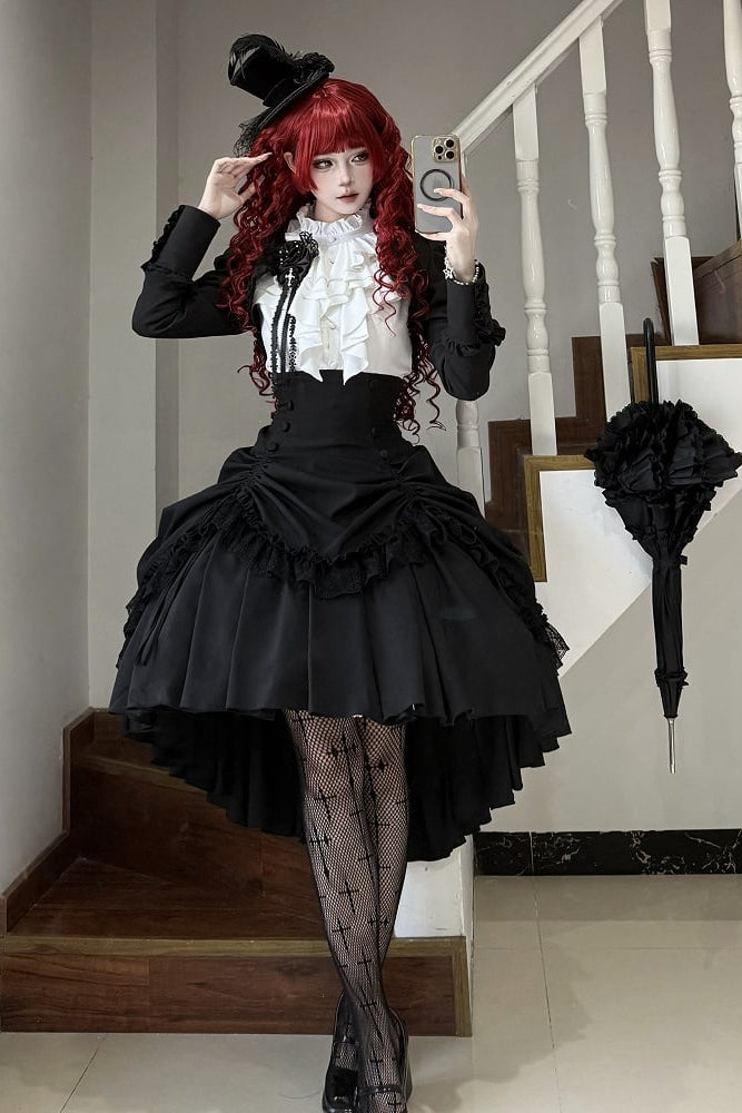 [Pre-order] Dark Gothic Black Corset Layered Pull-Up Skirt