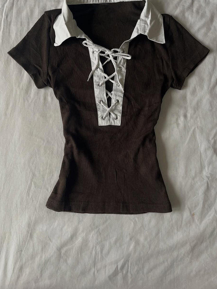 brown straps neck shirt