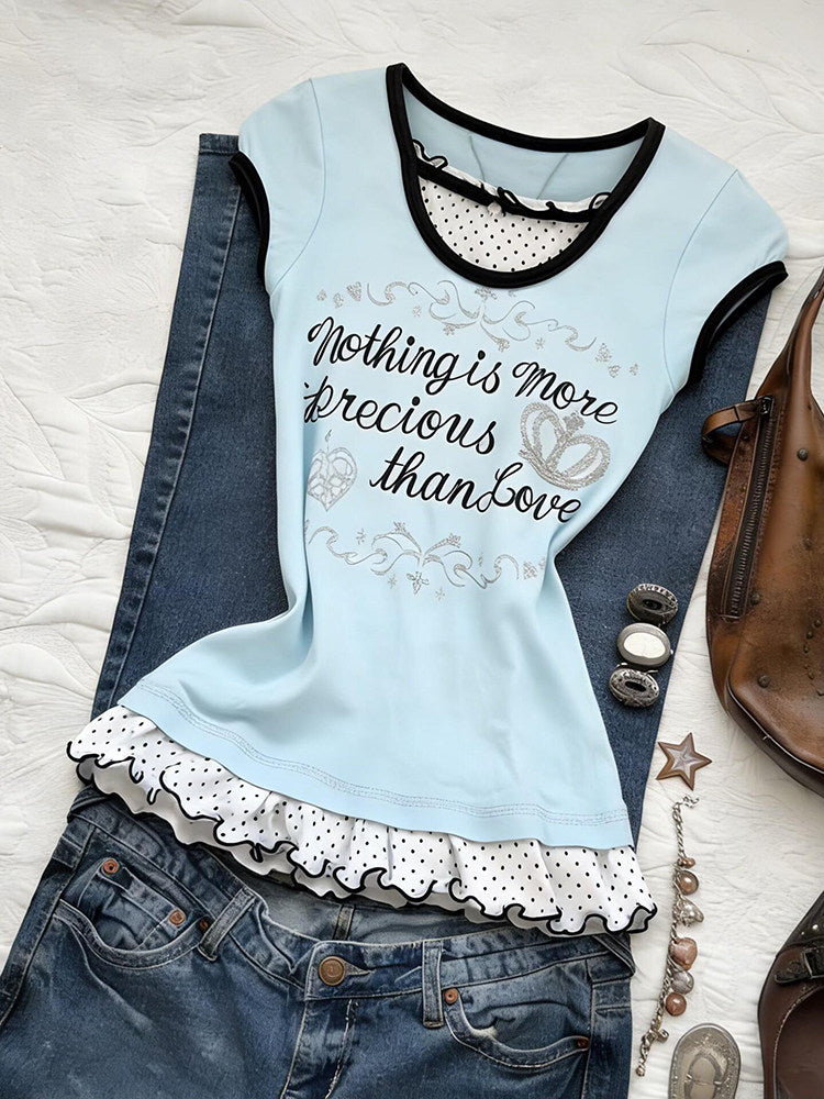 retro polka dot trim letters shirt