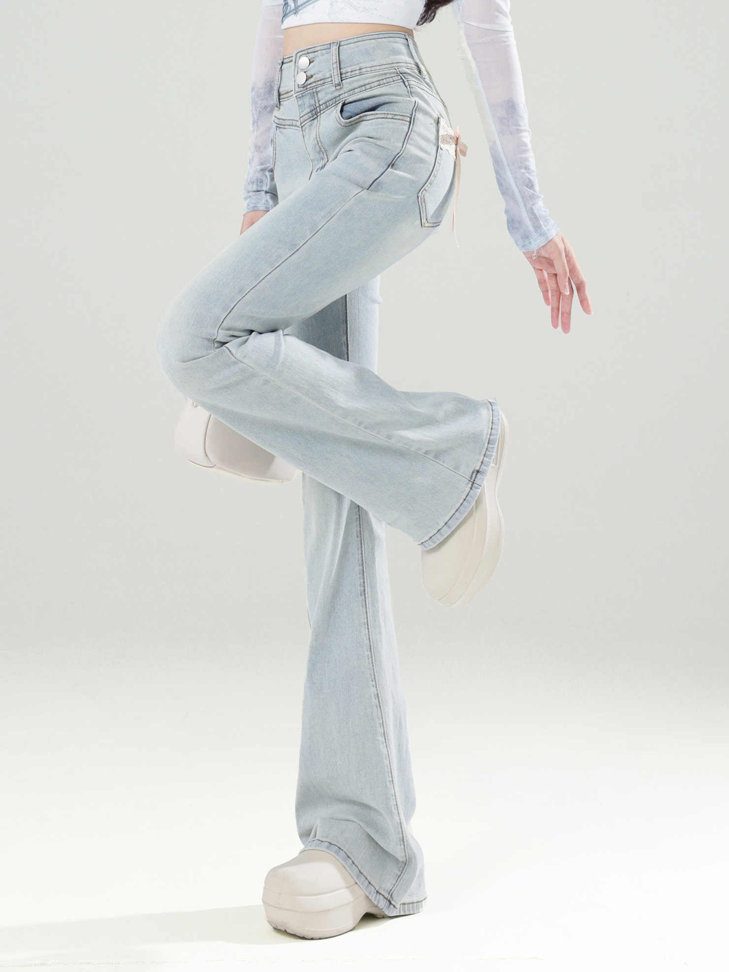 Coquette Light Blue Bow Lace Flare Jeans