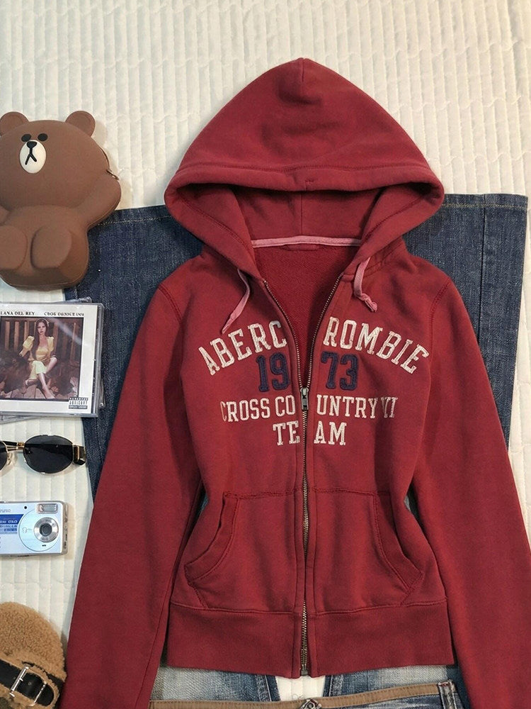 red retro style letter print hooded jacket