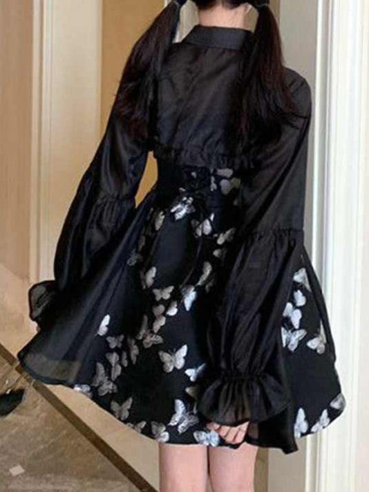 Dark Coquette Cheongsam Dress with Chiffon Blouse