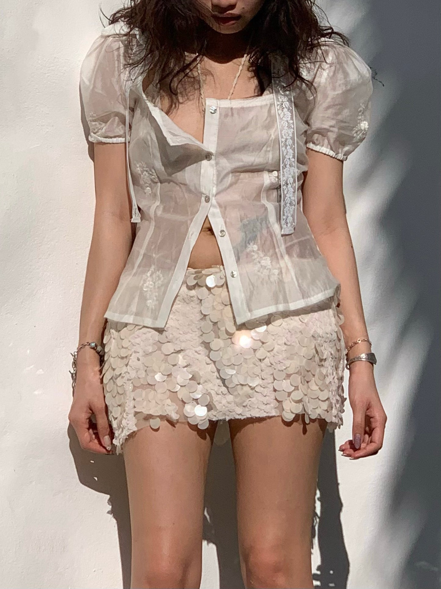 Bubblegum French Playful Sheer Light-Flare Short Sleeve Blouse