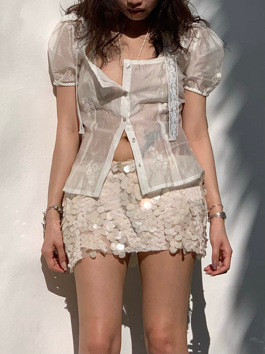 Bubblegum French Playful Sheer Light-Flare Short Sleeve Blouse
