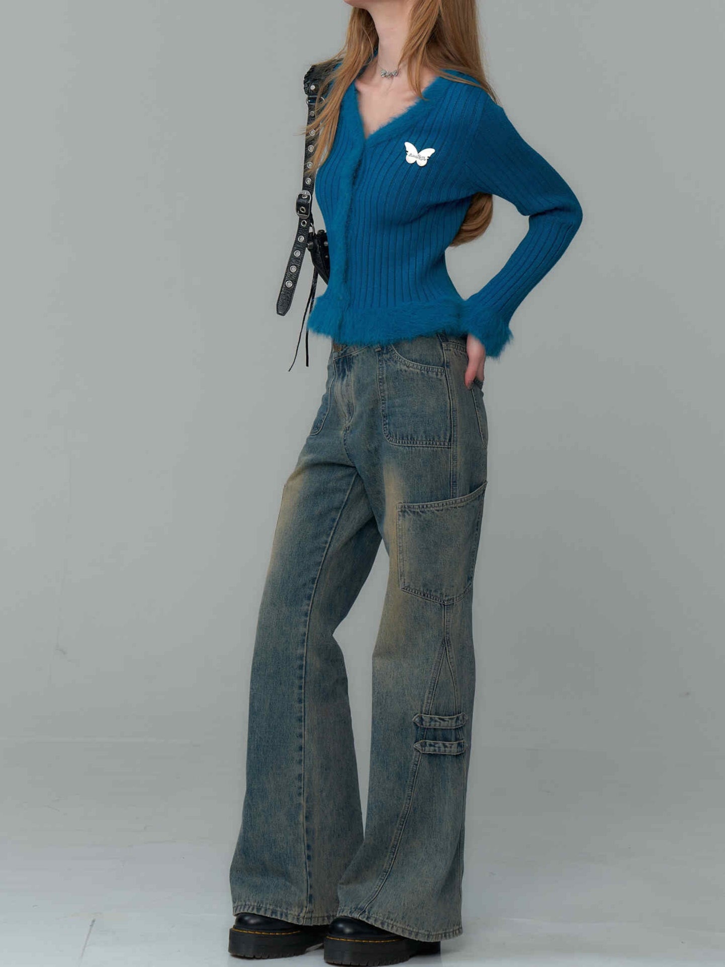 Retro Structure Wide-leg Washed Blue Jeans