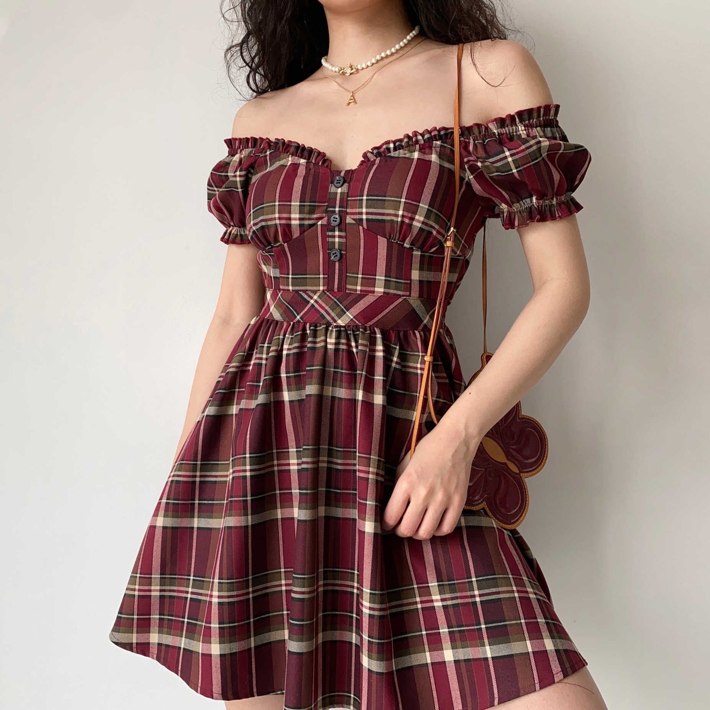 Fairy Grunge Puff Sleeve Red Plaid Dress