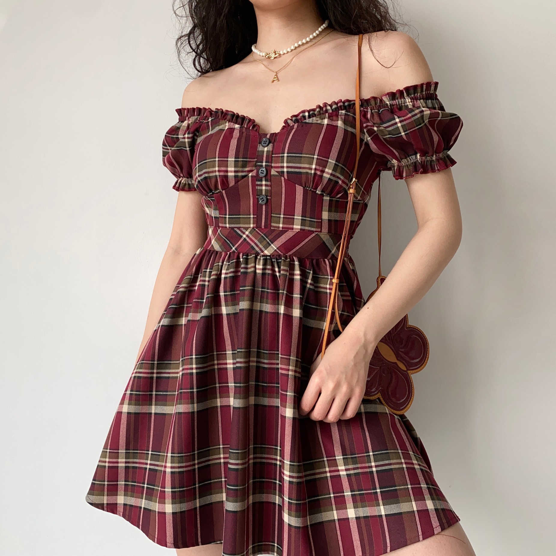 Fairy Grunge Puff Sleeve Red Plaid Dress