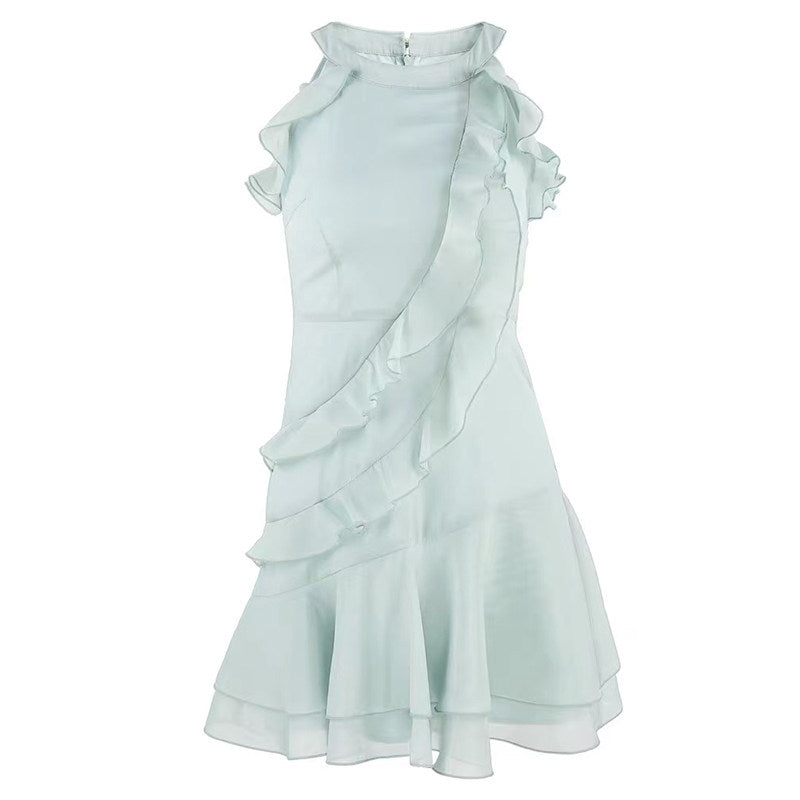 French Halter Neck Ruffle Sleeveless Dress