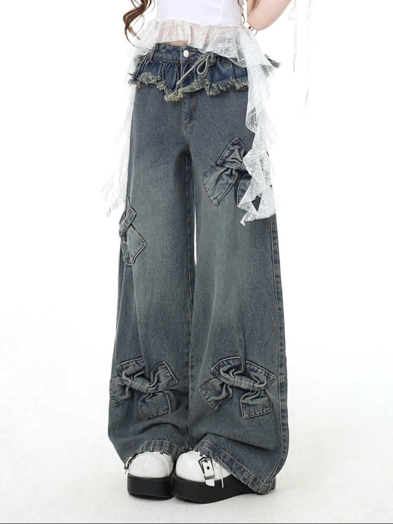 Coquette Retro Bow Distressed Baggy Jeans