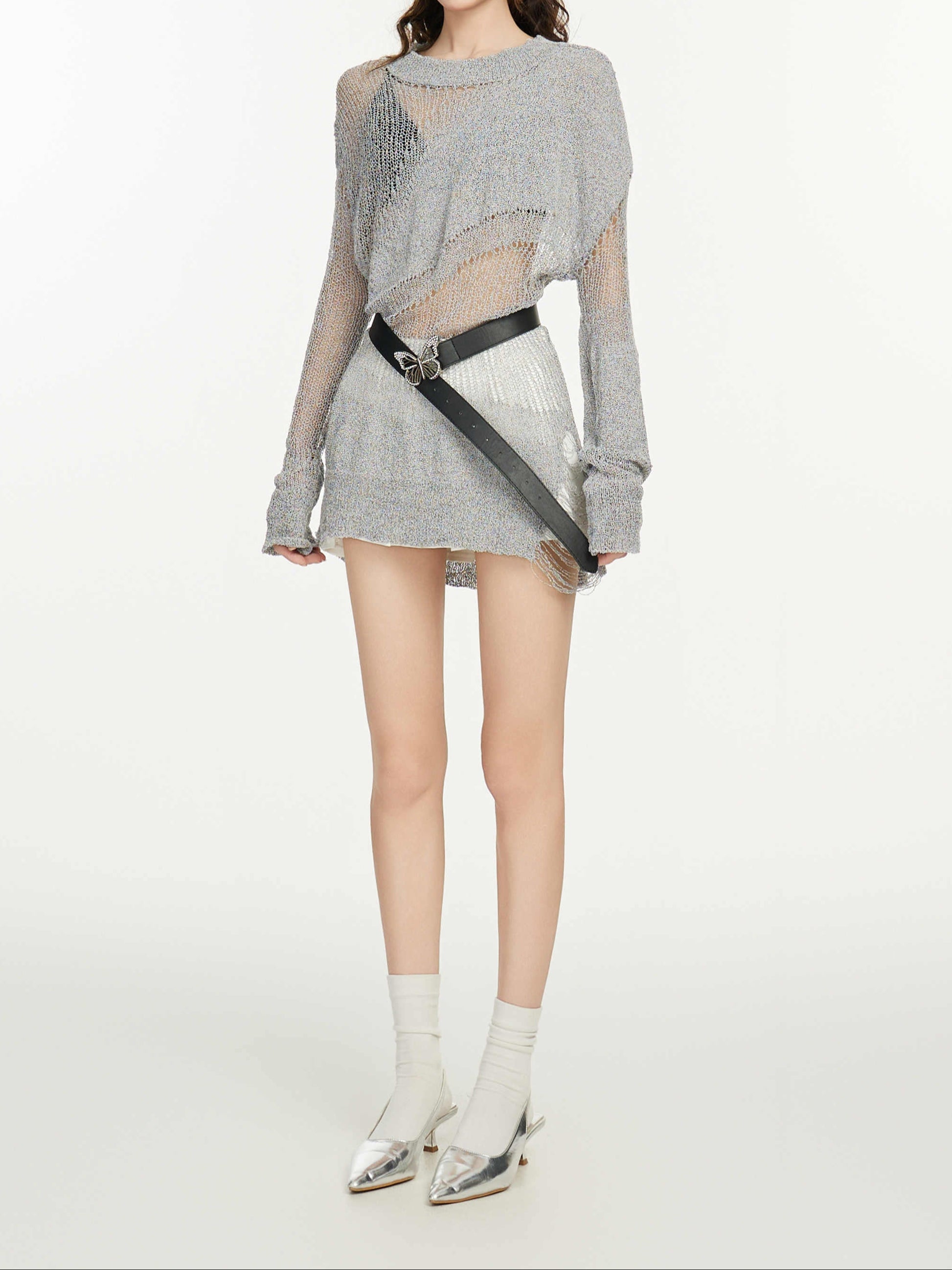 Acubi Gray Hollow Long-sleeved Top