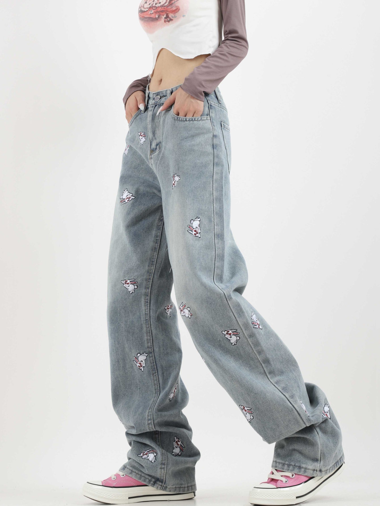 Acubi Cute Blue Rabbit Embroidered Jeans