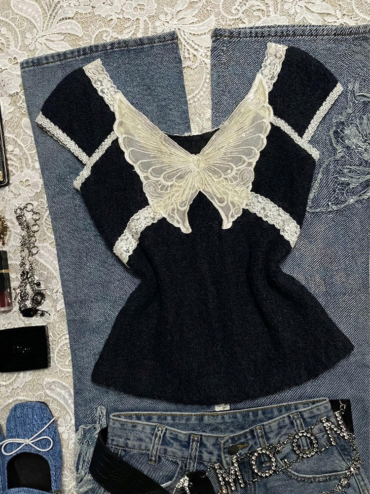 lace butterfly black shirt