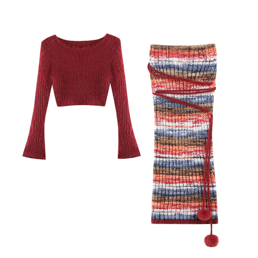 French red top hip-covering two-piece set