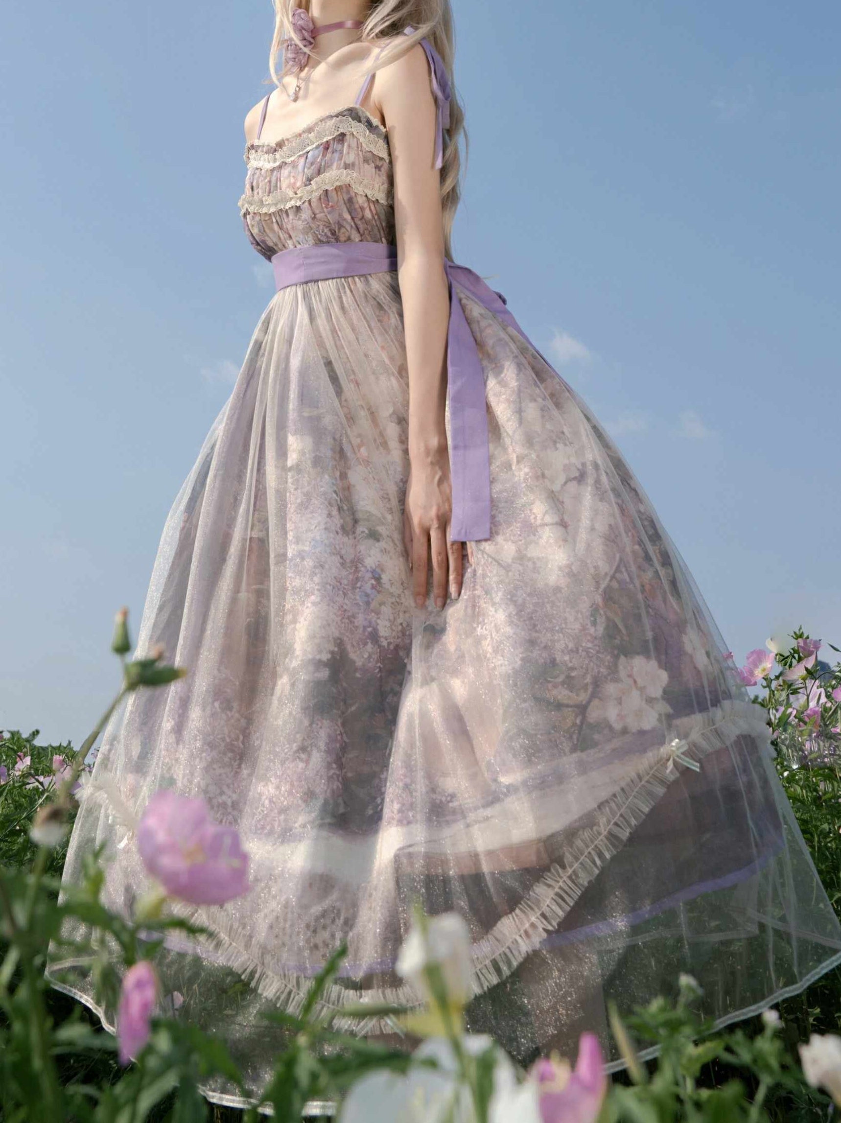 Blooming Oil Painting Print Mesh Bow Dress