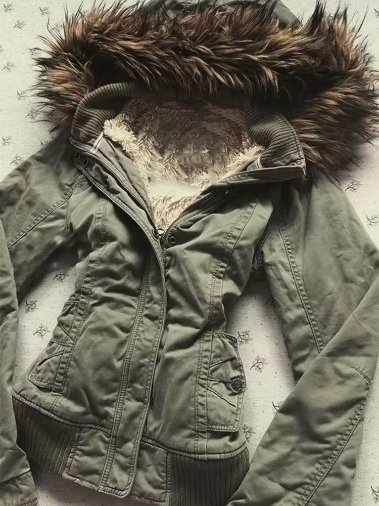 Retro fur collar hooded cotton jacket