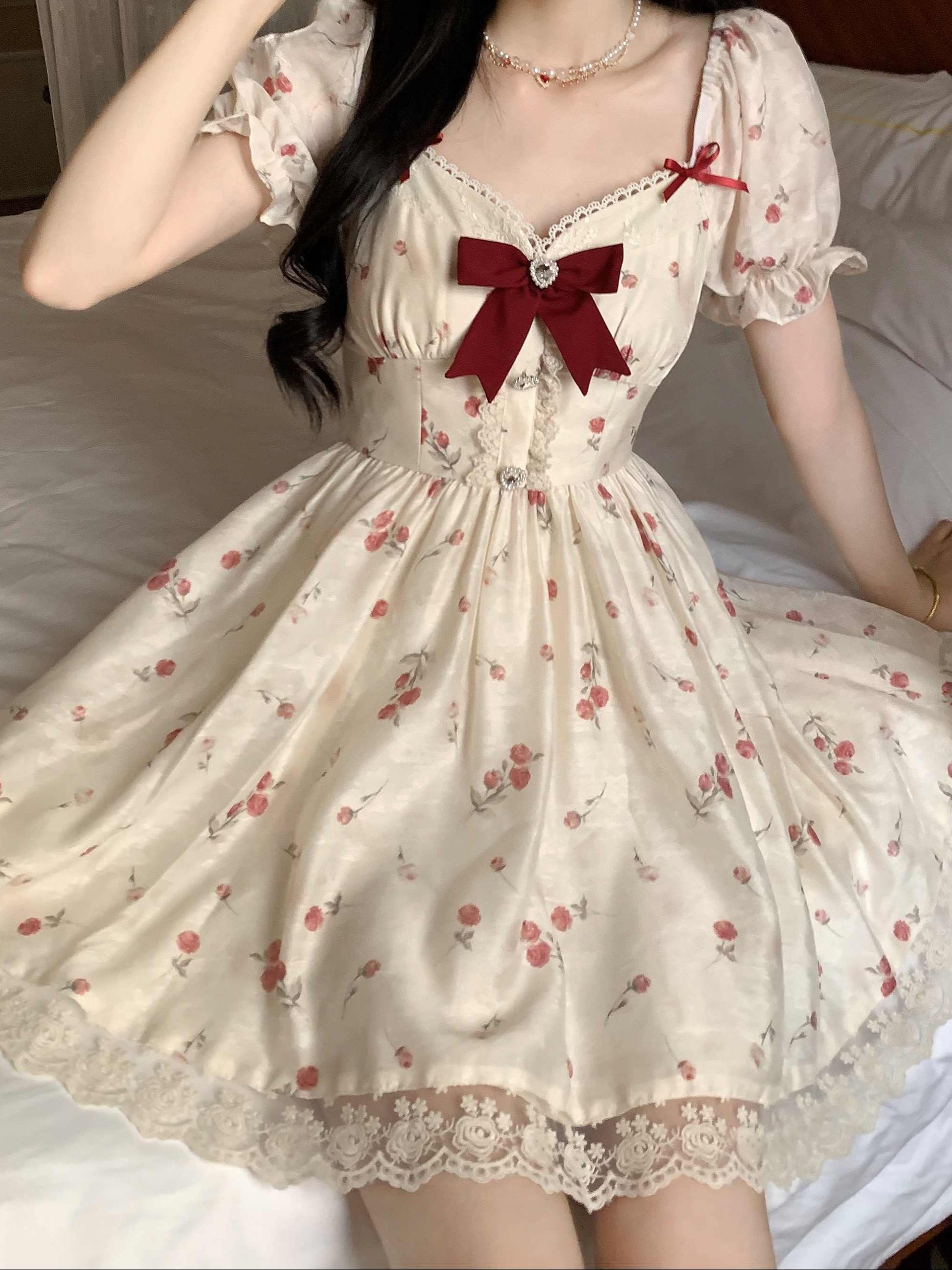 Red Bow Floral Lace Dress