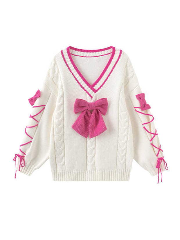 Coquette Pink Bow V-neck Sweater