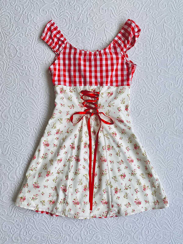 Red Plaid Patchwork Suspender Dress