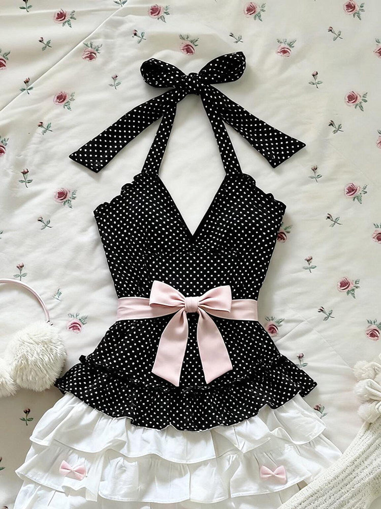 polka dot bow halter-neck dress
