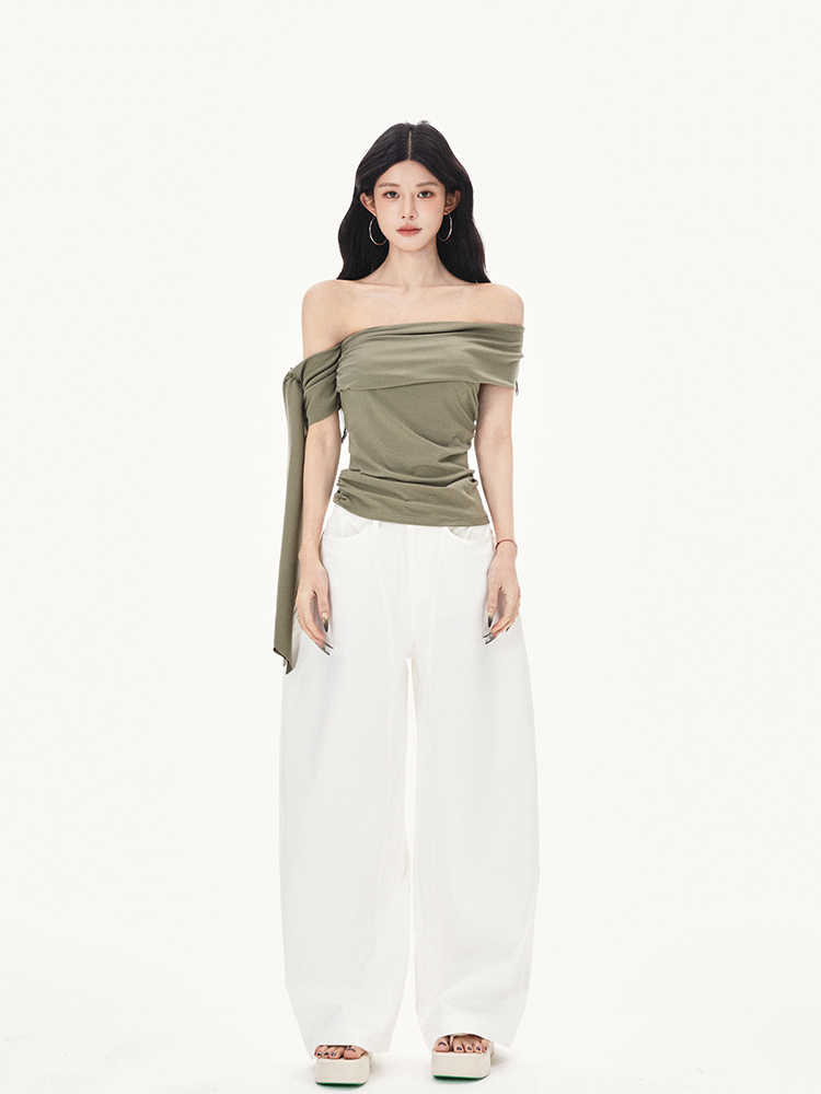 Oblique Shoulder Ribbon Top