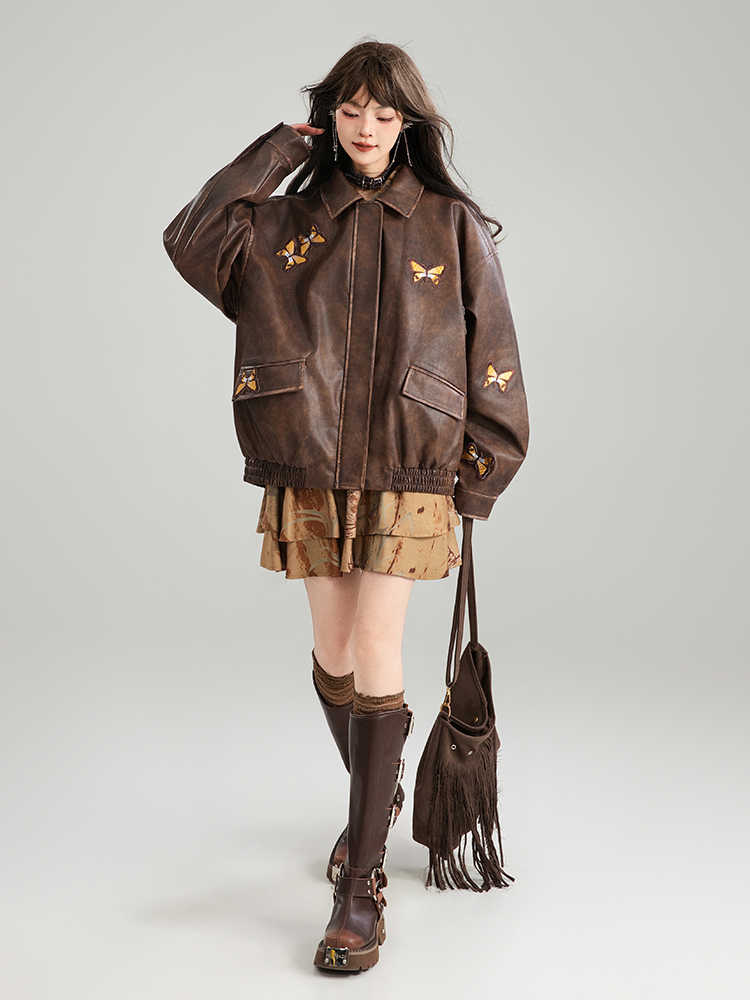 Butterfly Embroidery Brown Leather Jacket