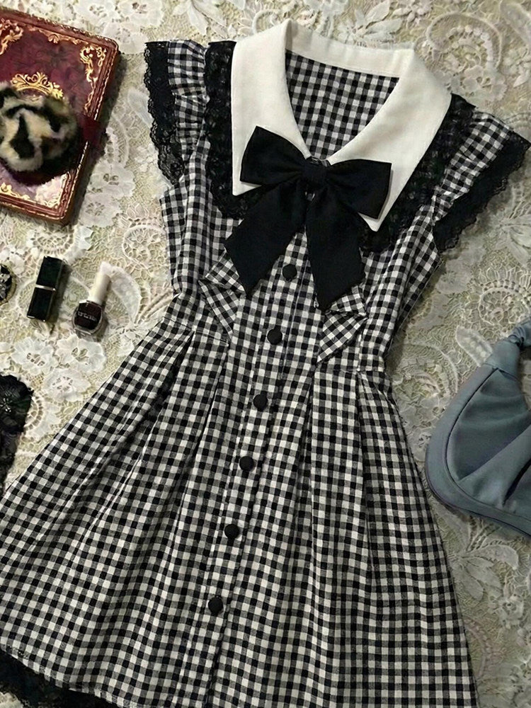 dark coquette plaid bow dress