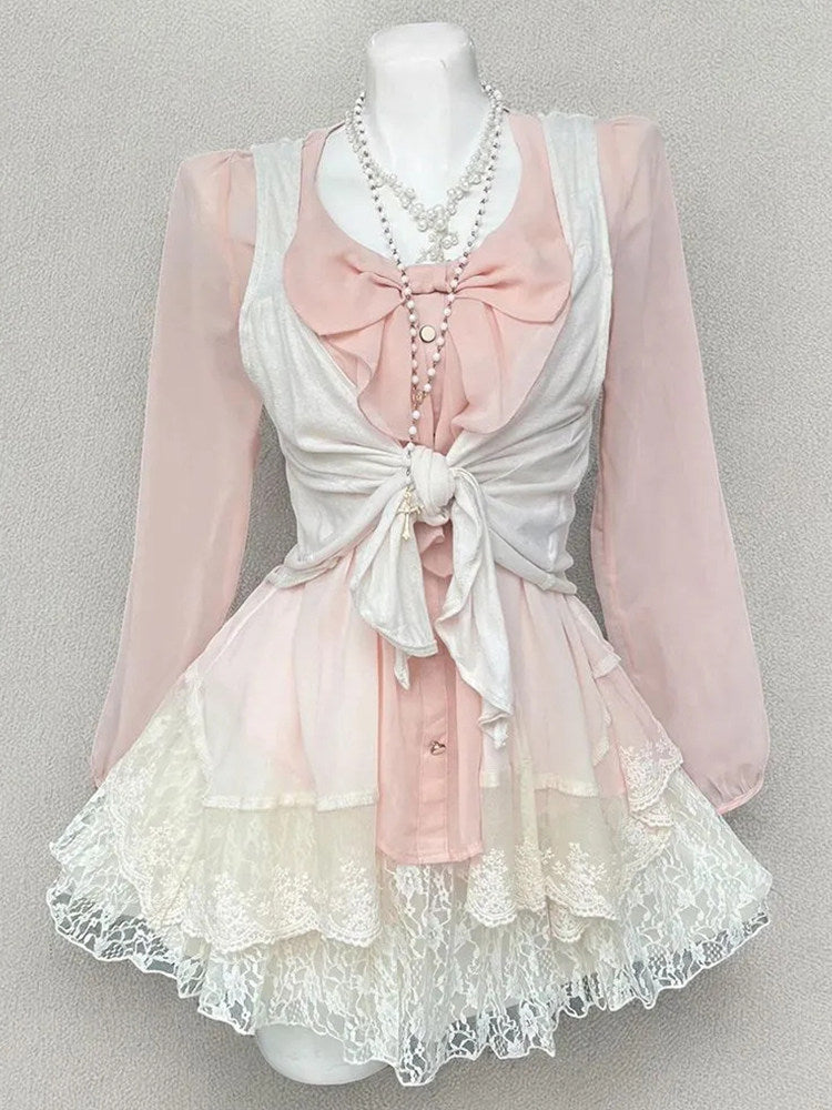 Pink Girly 3-Piece Layering Outfit: Cardigan + Top + Short Skirt