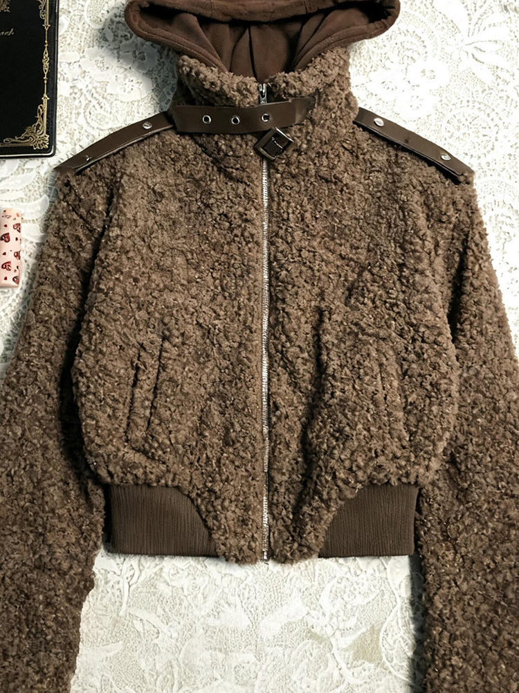 retro camel playful hooded velvet jacket