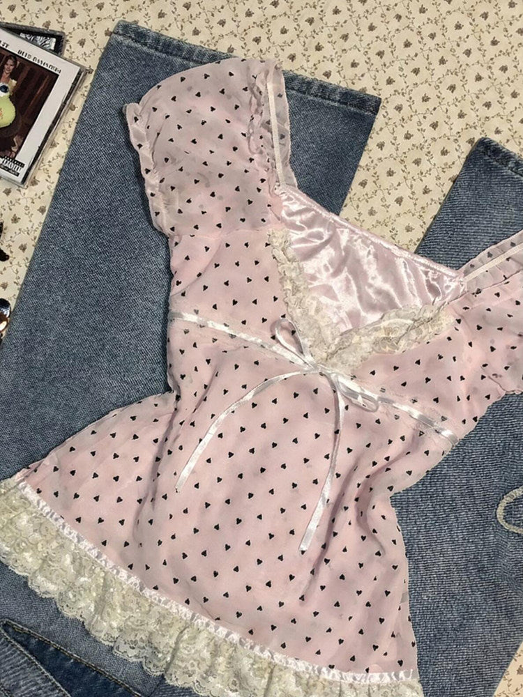 polka dots pink lace shirt