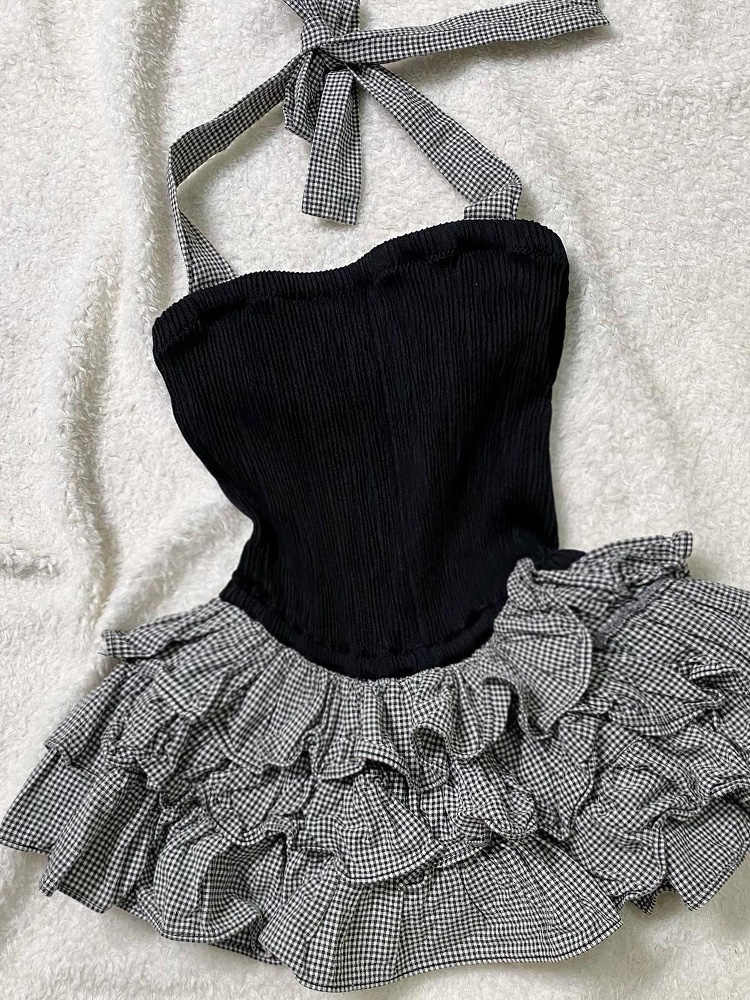 Retro Plaid Suspender Dress