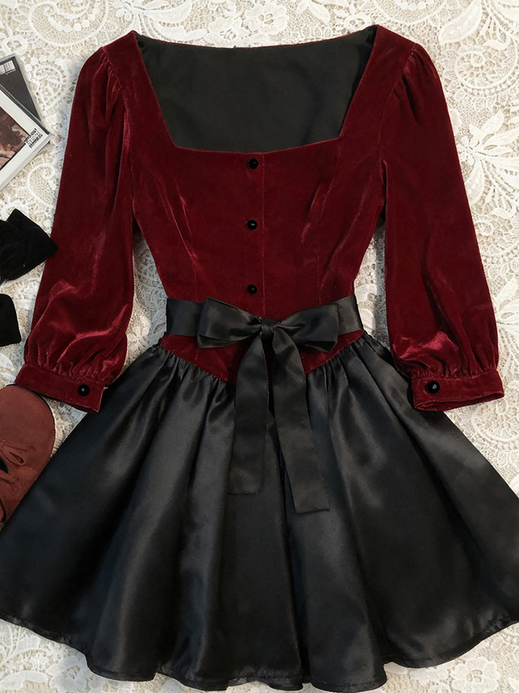 red retro elegant square neck dress