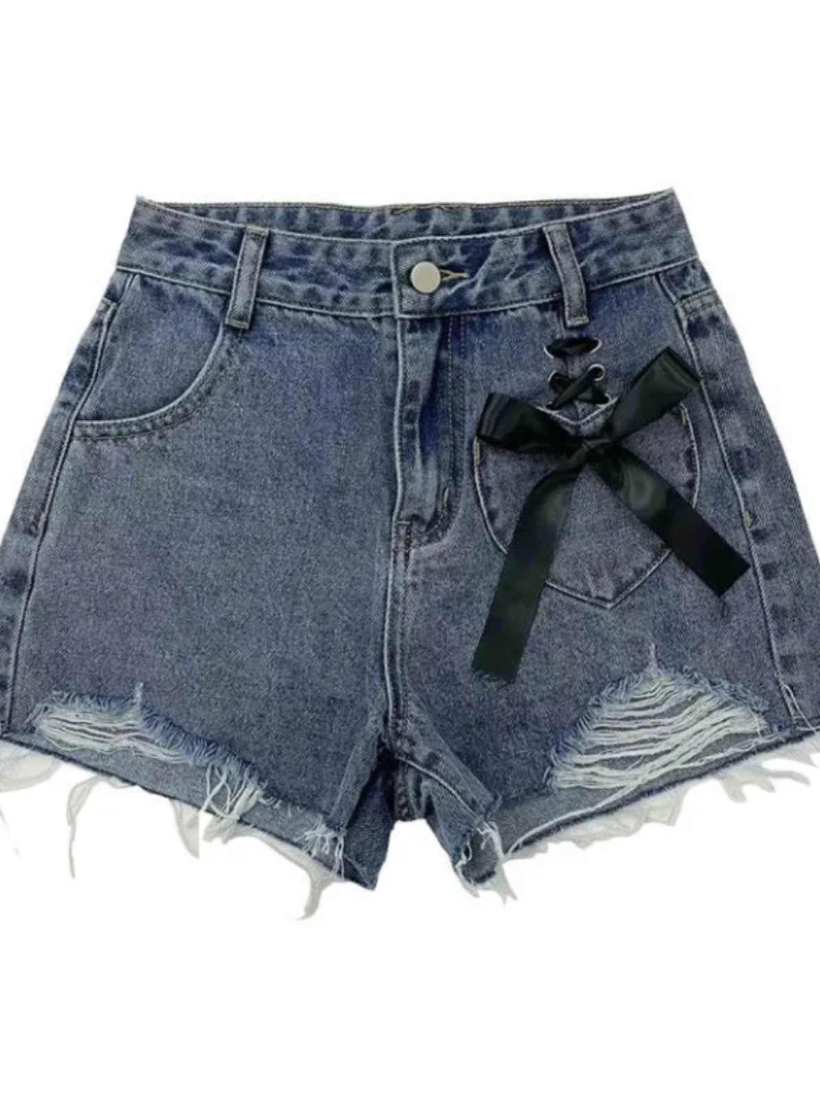 Bow-tied Ripped Denim Shorts