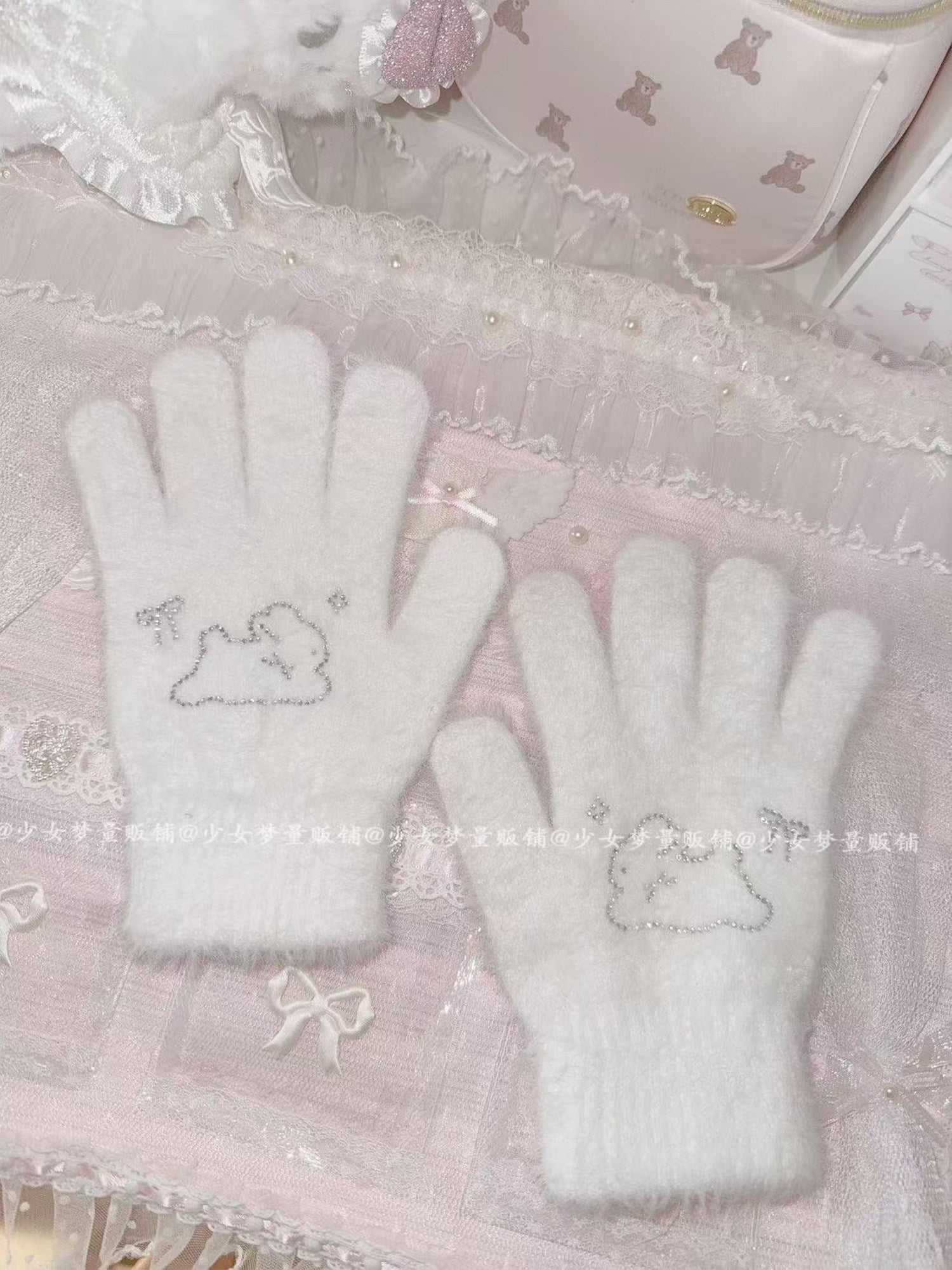 Cute Rhinestone Bunny Fingered Plush Gloves