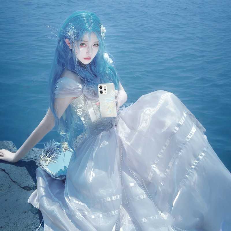 Sea Elf Blue Long Curly Wig