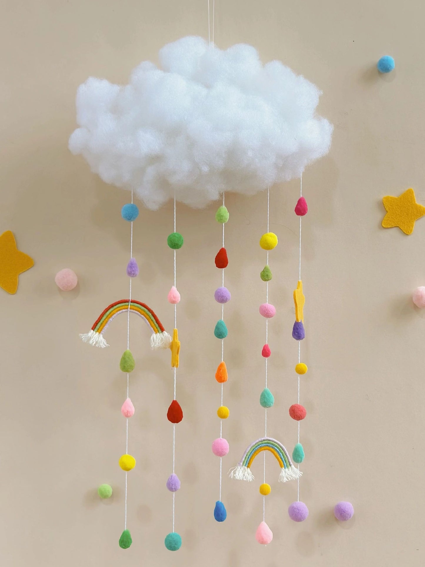 diy cloud rainbow fur ball wind chime pendant