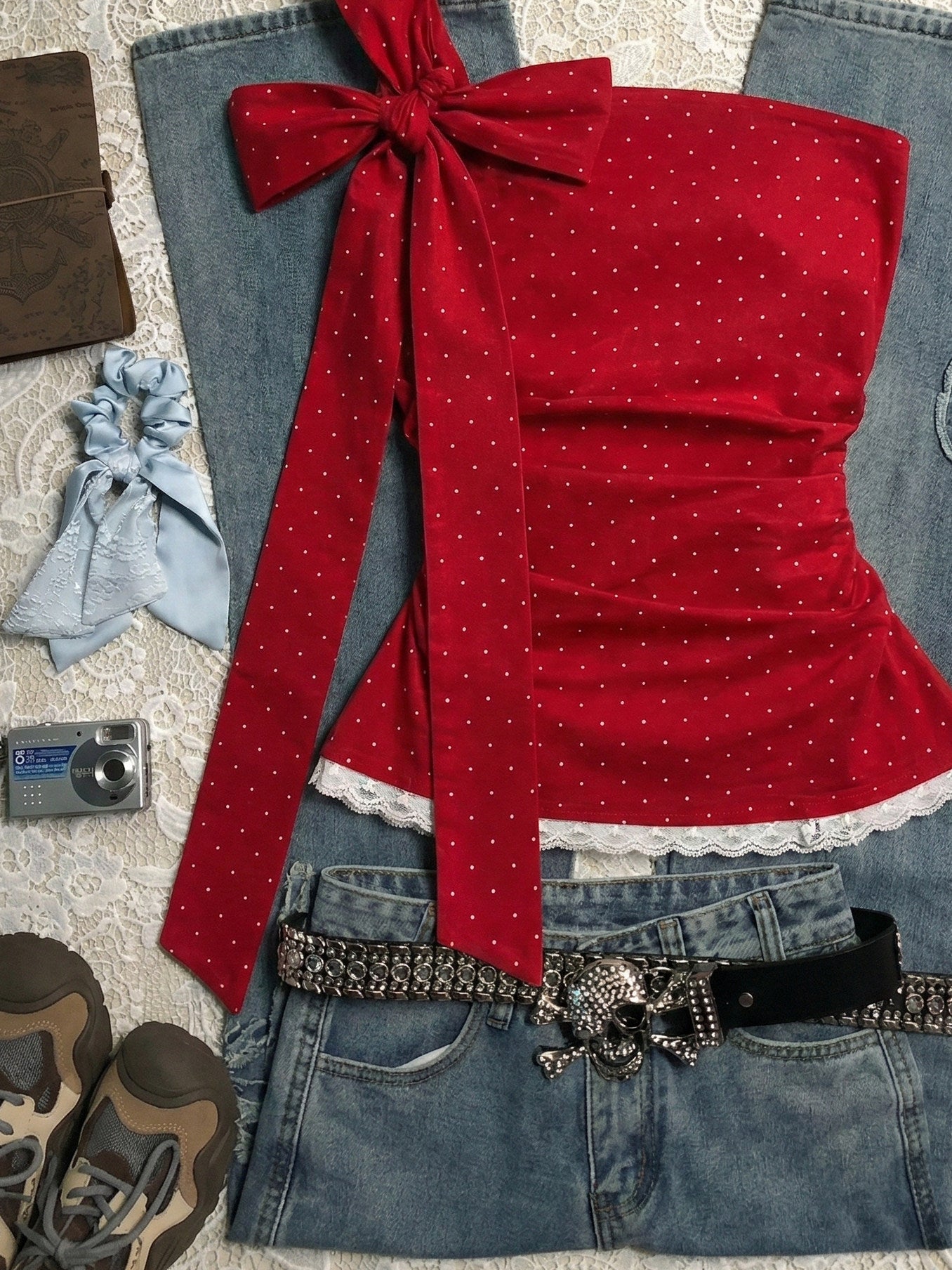 red off-shoulder strap crop top