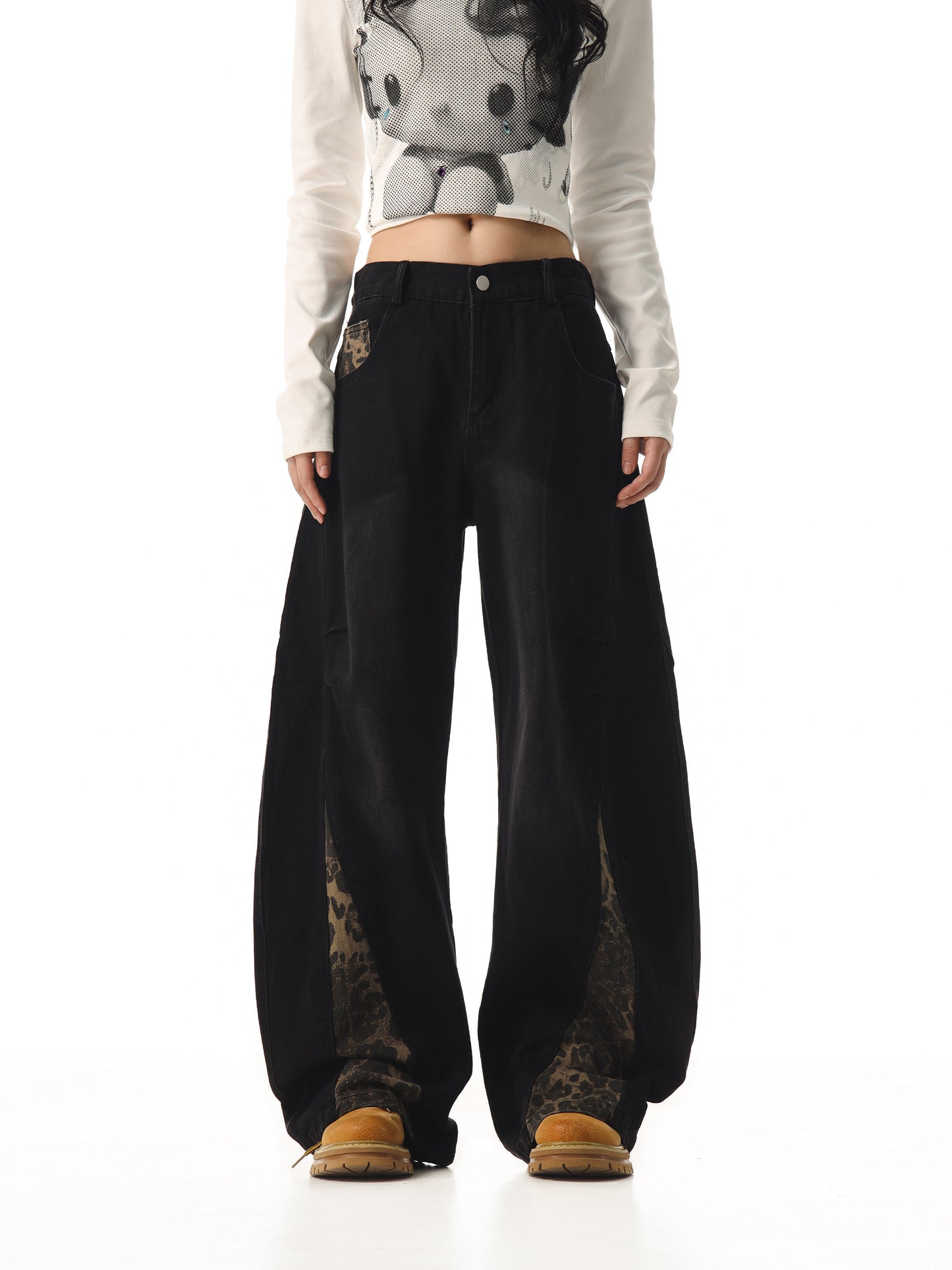 retro leopard print scimitar jeans