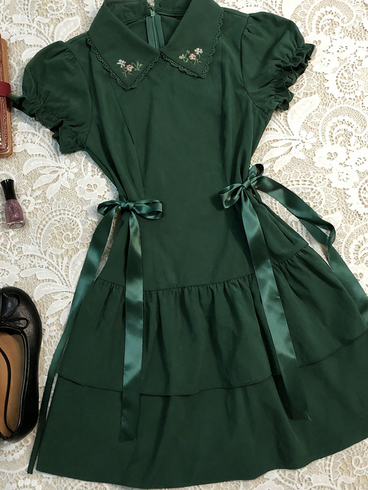 retro green lapel puff sleeve dress