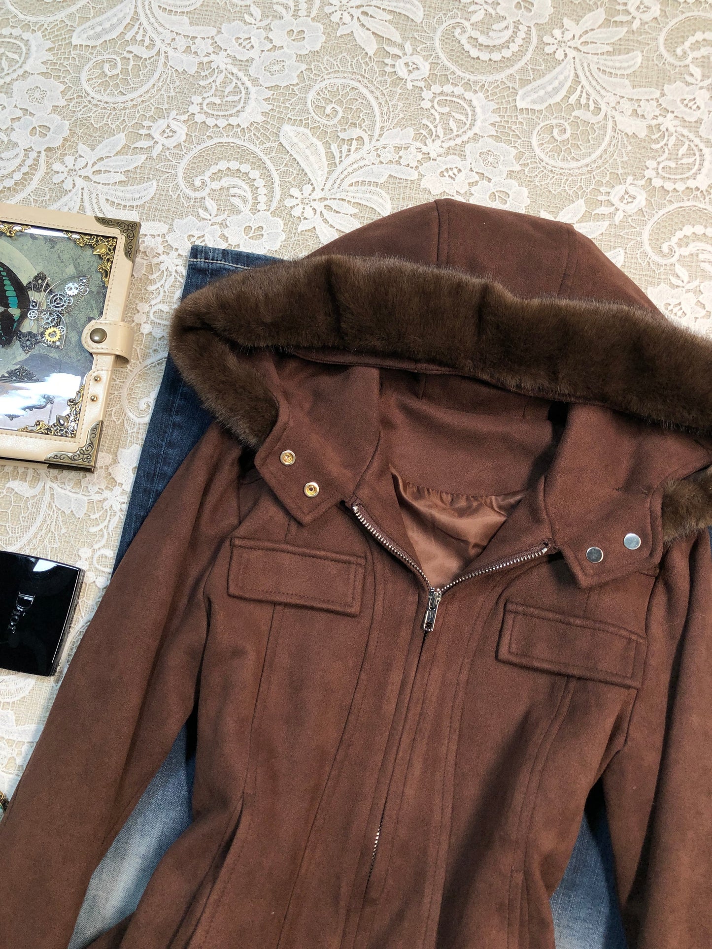 Maillard fur collar hooded short coat