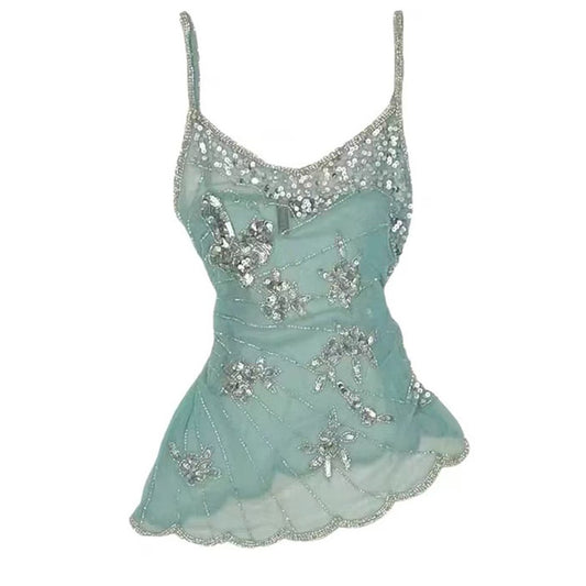 Mermaid-inspired dreamy irregular sequined mesh camisole top