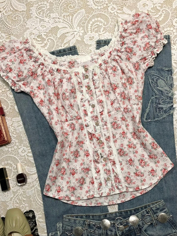 rose floral puff-sleeved shirt