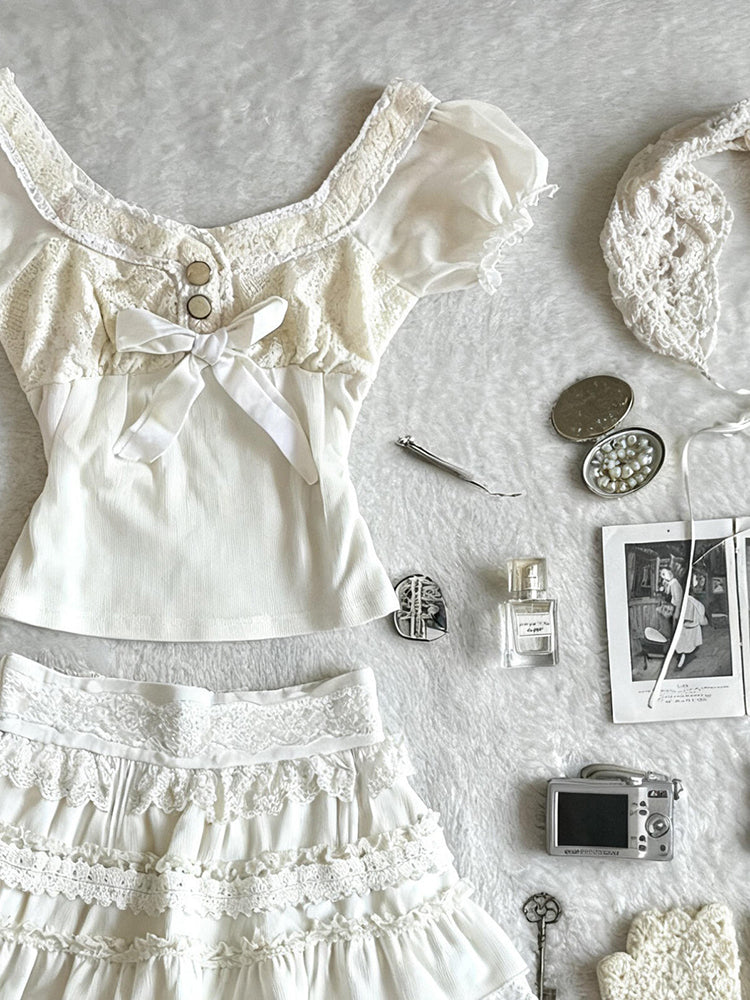 retro white lace top+skirt suit