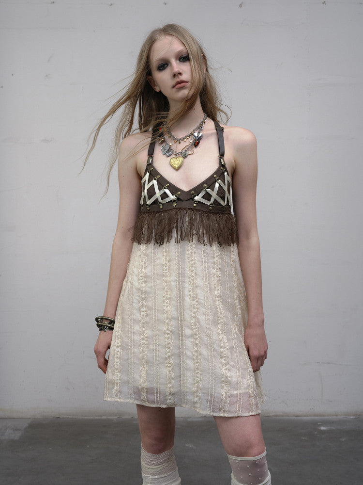 Vintage punk patchwork leather strap tie-up dress